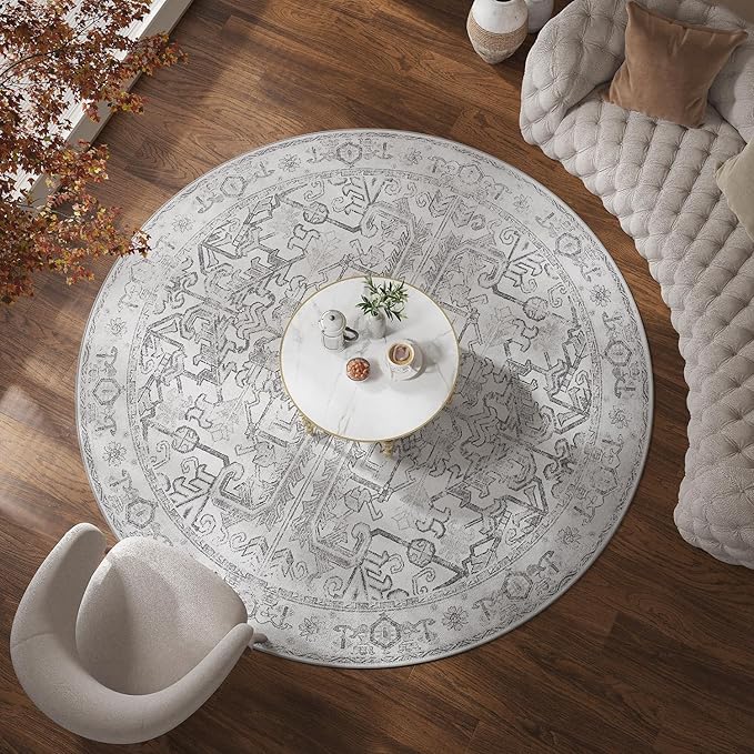 jinchan Lima Round Rug 7ft Vintage Machine Washable Area Rug Indoor Circle 7' Ultra-Thin Non-Slip Floral Print Carpet for Farmhouse Entryway Dining Room Living Room Bedroom Office (7'Round, Grey)