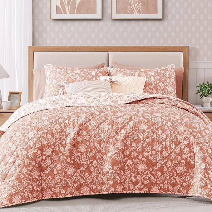 King Quilt Set-3 Pieces Soft Bedding Floral Reversible Coverlet | All Seasons by BLOOMHAVEN