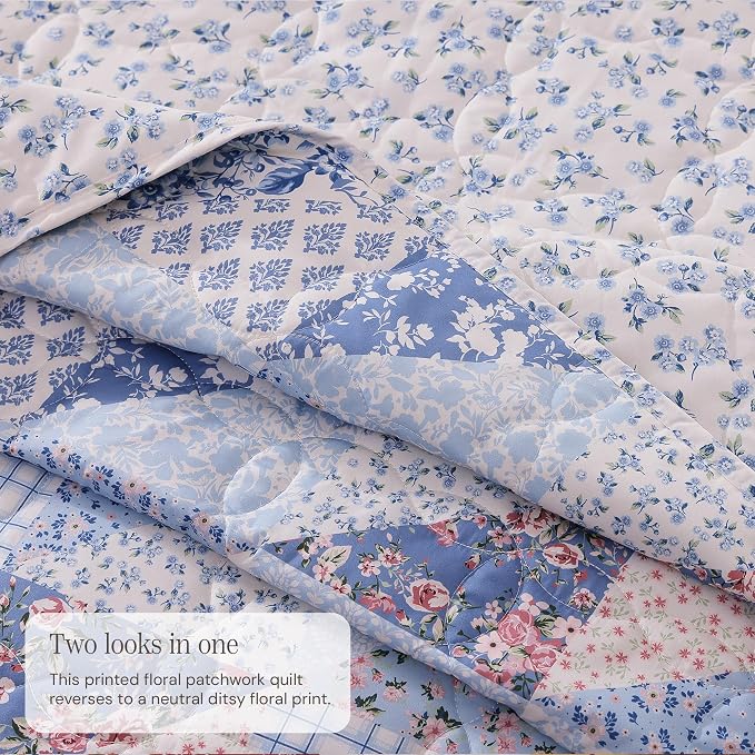 King Quilt Set-3 Pieces Soft Bedding Lightweight Floral Patchwork Coverlet | - Image 3