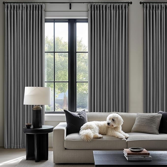 Grey Pleated Linen Blackout Curtains 84 Inches Long for Bedroom Living Room Pinch Pleat Black Out Thermal Insulated Ring Hooks Back Tab Room Darkening Drapes Charcoal Gray 84 Inch Curtains with Liner