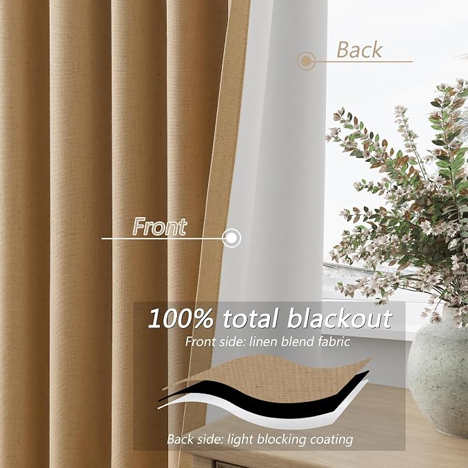 Camel Brown 100% Blackout Linen Curtains 90 Inch Length 2 Panels Set - Image 4
