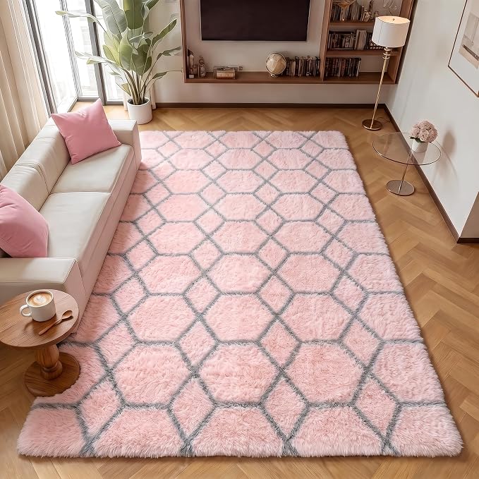 Area Rugs for Girls Bedroom Living Room, 4x6 Fluffy Pink and Grey Throw Rug - Image 4