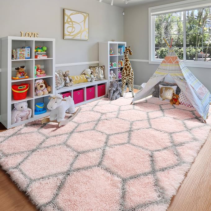 Area Rugs for Girls Bedroom Living Room, 4x6 Fluffy Pink and Grey Throw Rug - Image 9