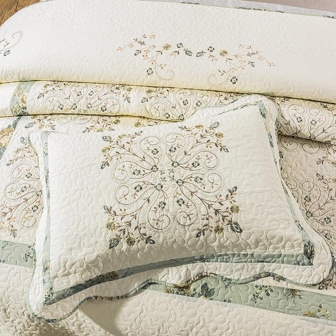 ROOMLIFE Quilt Set Queen Size 3D Floral Embroidery Pattern 3-Piece Cotton | - Image 8