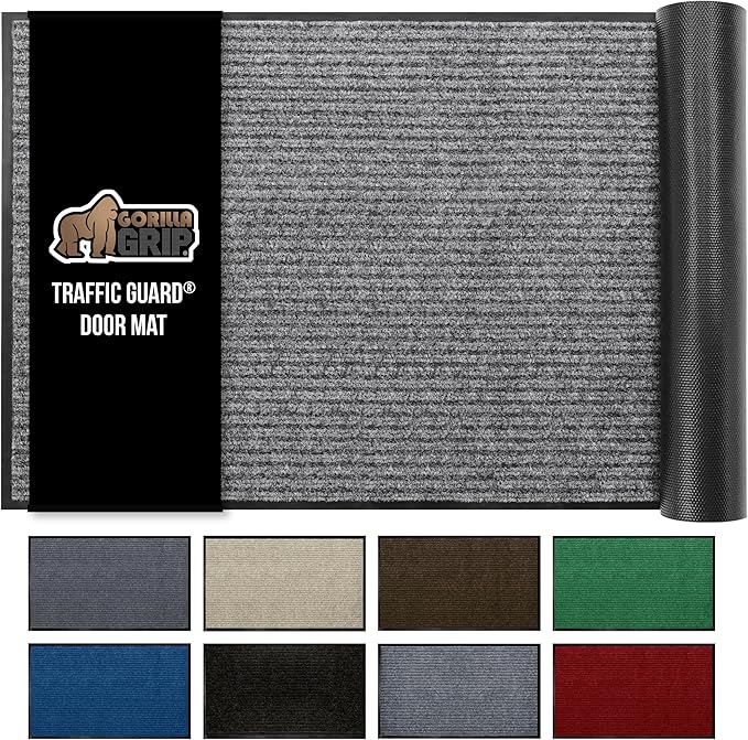 GORILLA GRIP Waterproof Traffic Guard Door Mat, Heavy Duty Entryway Mats, Strong Rubber Back Commercial Utility Rugs for Office Hallway, Garage Floor and Home, Low Profile Carpet, 29x17, Light Gray