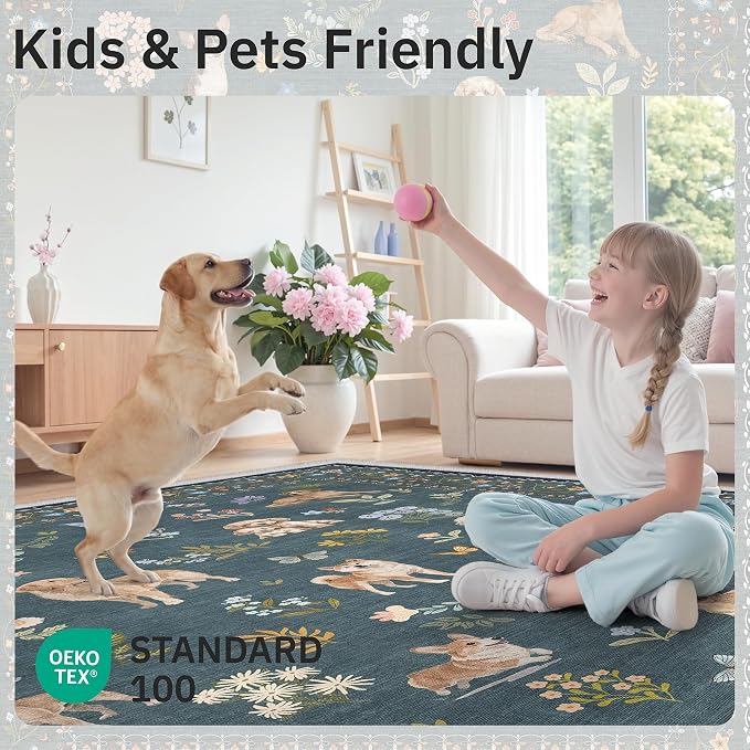 Soalmost Dog 6x9 Area Rugs for Living Room, Washable Soft Rug Navy Blue | - Image 5