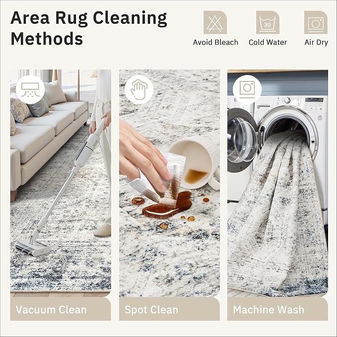 Soalmost 7x9 Area Rug for Living Room Washable Rugs Non-Slip Blue/Ivory | - Image 9