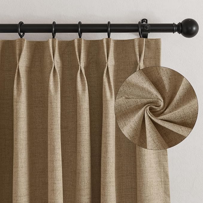 RYB HOME Pinch Pleated Back Tab Curtains Linen Textured 100% Blackout Curtains - Image 2