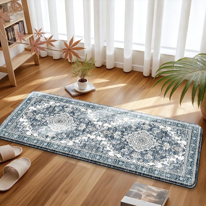 Boho Kitchen Mats for Floor 2 Piece Set Anti Fatigue Cushioned PVC Kitchen Rugs Non Slip Waterproof Farmhouse Mats 2/5 Inch Comfort Standing Mat for Sink, Laundry, 17.3"x47"+17.3"x28", Dark Blue
