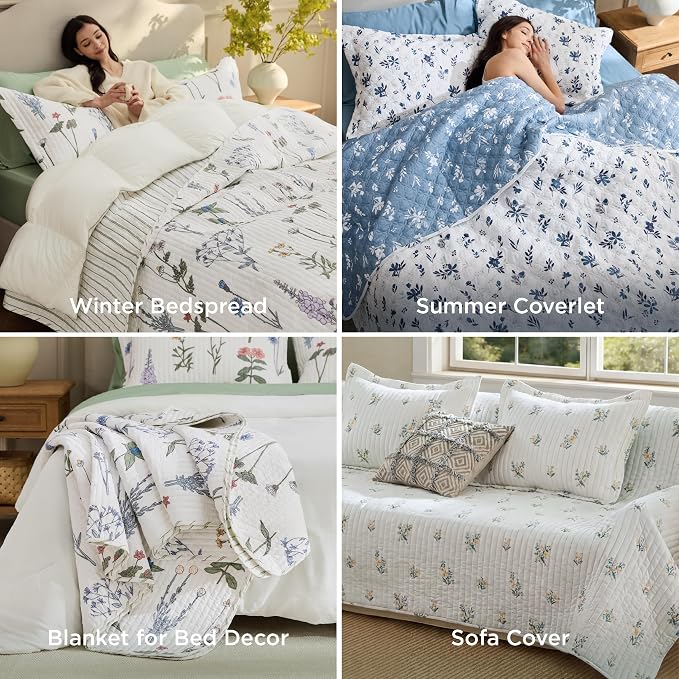 Bedsure Floral Quilts King Size, Reversible White Floral Comforter Bedding | - Image 9