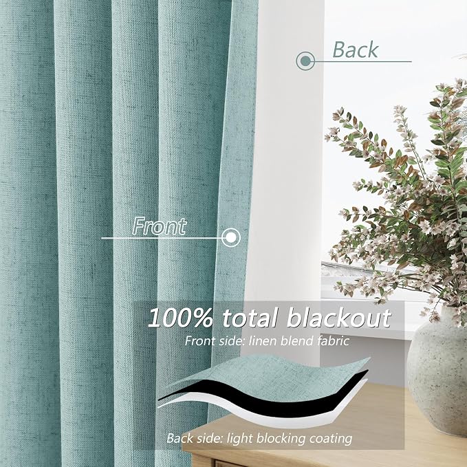 Light Blue 100% Blackout Linen Curtains 84 Inch Length 2 Panels Set - Image 4