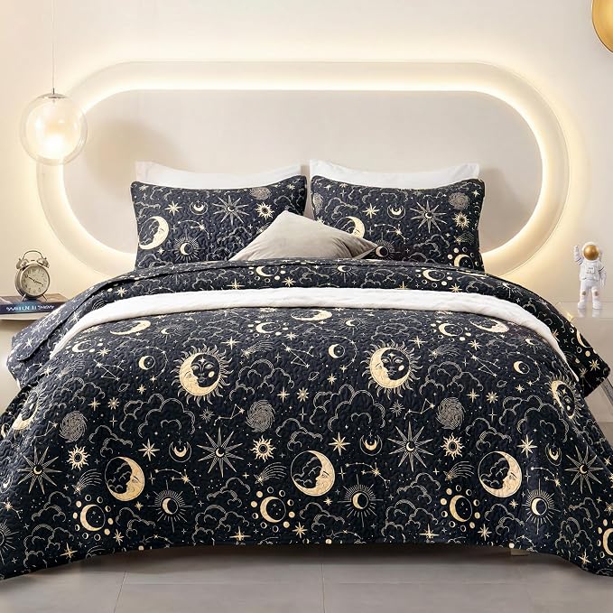EXQ Home Quilt Set Full Queen Size Black Print Black Sun Starry Pattern | by EXQHomeTexitleCoLtd
