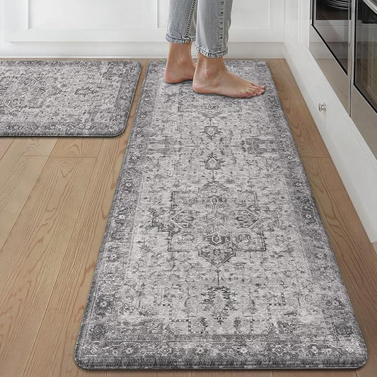GENIMO Kitchen Mats for Floor 2PCs, Washable Anti Fatigue Mat for Cushioned, 17.3"x59"+17.3"x30", Waterproof Kitchen Rugs, Non Slip Standing Mat Rug for Home, Runner, Sink, Laundry, Vintage Grey