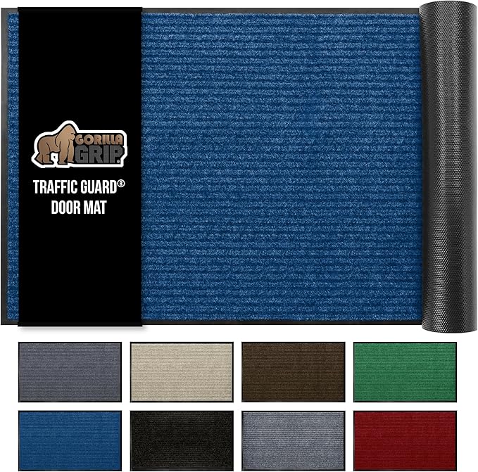 GORILLA GRIP Waterproof Traffic Guard Door Mat, 59x24, Heavy Duty Entryway Mats, Strong Rubber Back Commercial Utility Rugs for Office Hallway, Garage Floor and Home, Low Profile Carpet Runner, Blue