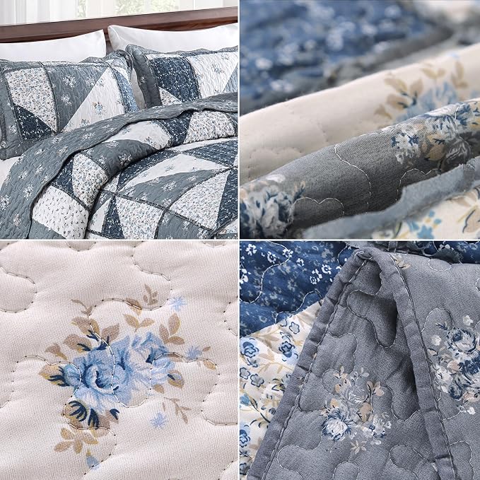 King Size Quilt Set Grey Floral Patchwork Quilted Bedspread Coverlet Set | - Image 7