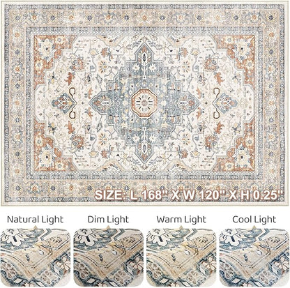 10x14 Area Rugs Living Room: Washable Boho Large Neutral Vintage Soft Rug Stain Resistant Distressed Farmhouse Non-Slip Indoor Floor Carpet for Bedroom Nursery Kids Office Dining Room- Beige Blue
