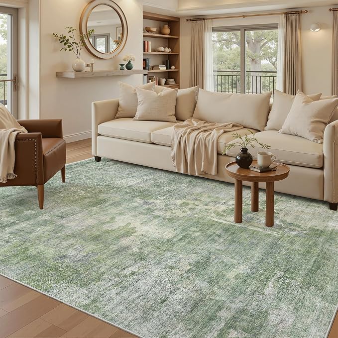 Soalmost Abstract 7x9 Area Rug for Living Room Washable Rugs Green/Ivory | by Soalmost