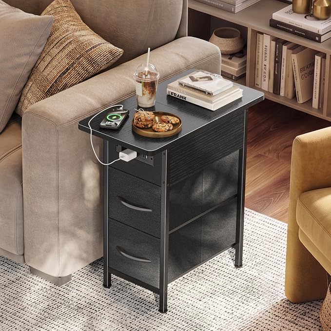 Huuger Narrow End Table with Charging Station, Side Table with 2 Drawers | Slim - Image 2