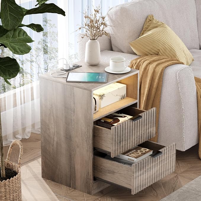 Fluted Nightstand Set of 2, LED Nightstand - Image 4
