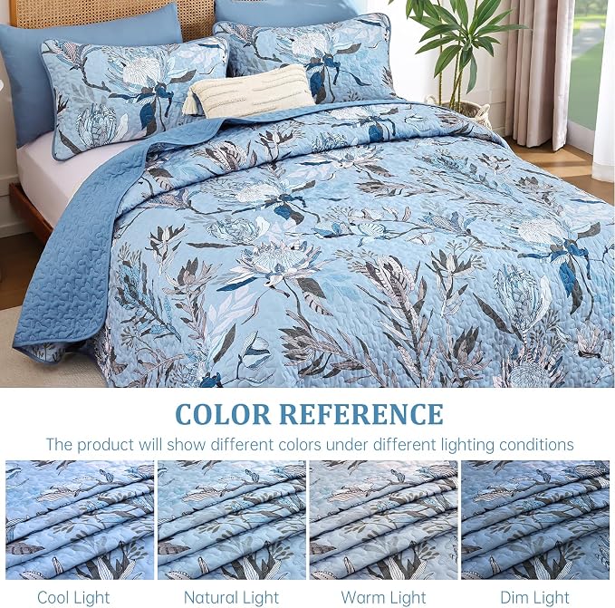 Dintszyayue Quilt Queen Size Blue, 3 Pieces Boho Floral Bedspread Bedding - Image 4