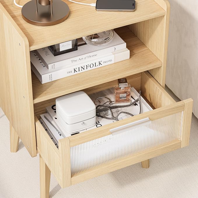 Nightstand with Charging Station, Natural Wood Bedside Tables, Modern End Table - Image 7