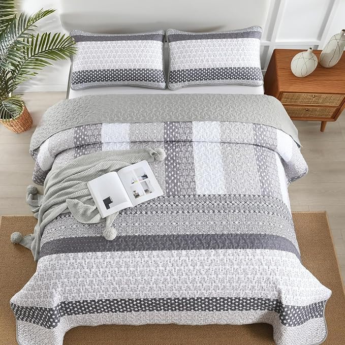 WONGS BEDDING Grey Full Size Quilt Set, Bohemian Striped Bedspreads | - Image 2