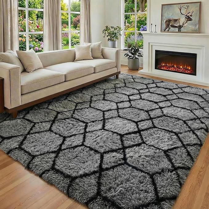 8x10 Area Rugs for Living Room, Fluffy Grey and Black Bedroom Rug, Geometric - Image 5
