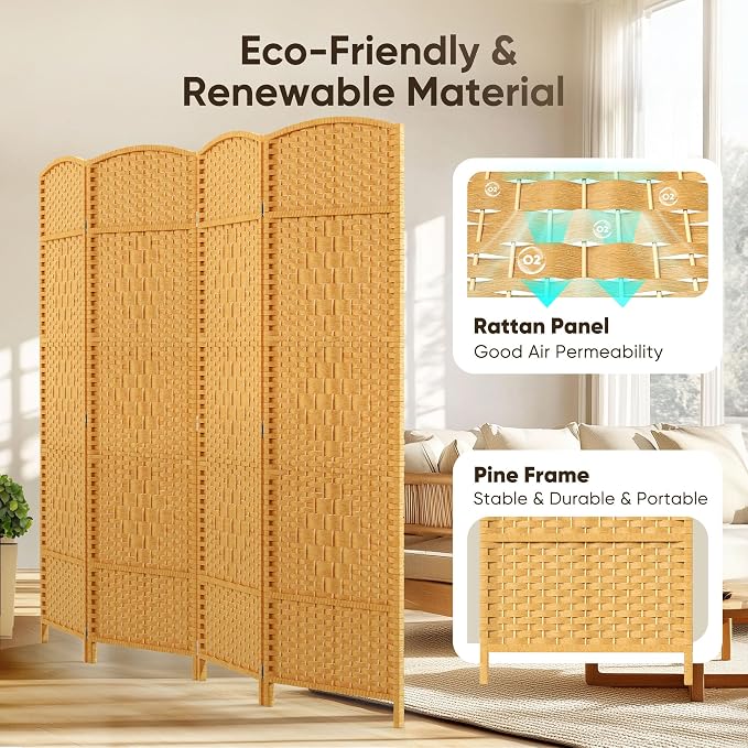 Rattan Room Divider, 4-Panel Folding Privacy Screen 6ft. Extra Wide | Room - Image 3