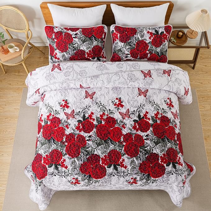 Yiran Red Floral Bedspreads Queen Size Rose Flowers Quilt Bedding Set | 3 - Image 3