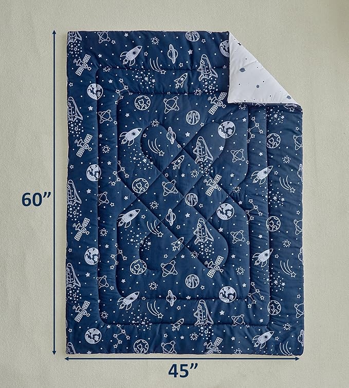 DuShow Navy Blue Toddler Bedding Set for Boys,4 Pieces Space Crib Bed Sheets Set,Soft Toddler Comforter Set in a Bag, Includes Quilted Comforter, Flat Top Sheet, Fitted Sheet, Envelope Pillow Case