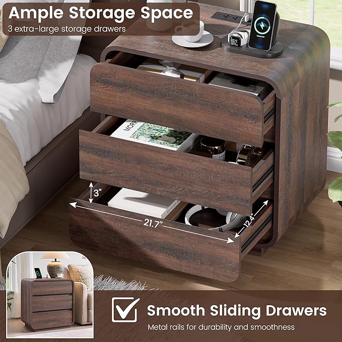 Modern Nightstand Set of 2, 23.2" Wide Wood Bedside Table with Charging Station, 3 Storage Drawers Side Table Curved Profile, Handleless, Large End Table Night Stand for Bedroom, Walnut ﻿