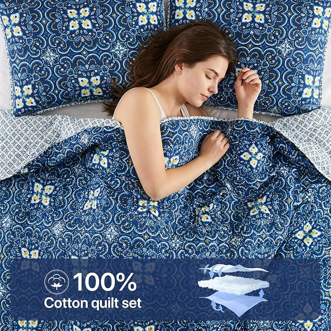 Cotton Reversible Quilt Set Twin Size, Boho Floral Patchwork Bedspread Coverlet - Image 4