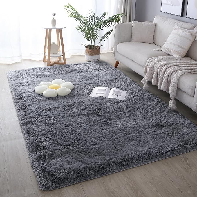 5x8 Grey Fluffy Shag Rug for Bedroom, Plush Washable Carpet | Area Rug for by KICHOWUA
