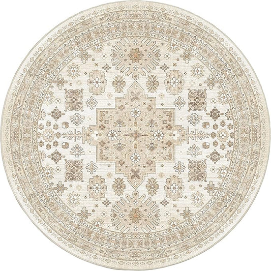 zesthome Washable Round Area Rugs - Non-Slip 6ft Round Rugs, Ultra-Thin Large Circle Rugs for Living Room, Soft Low Pile Rug for Bedroom, Kitchen, Nursery - Vintage Round Rug(Cream/Beige,6'x6')