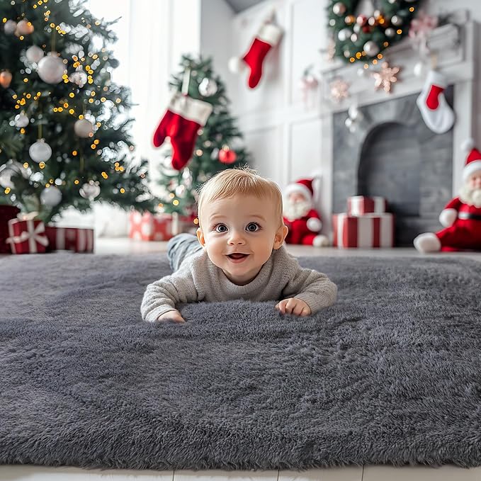KICHOWUA Grey Fluffy Shag Rug 2x3, living room, kids room, boys and girls - Image 2