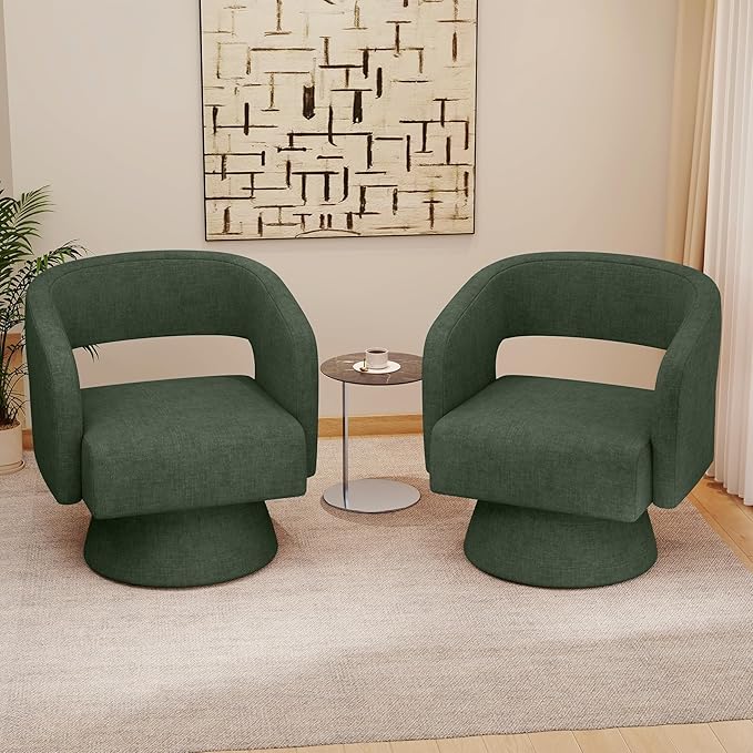 Swivel Accent Chair Set of 2, Modern Comfy Chenille Barrel Chairs, Oversized Upholstered Round Arm Chair for Living Room, Bedroom, Reading Room, Green