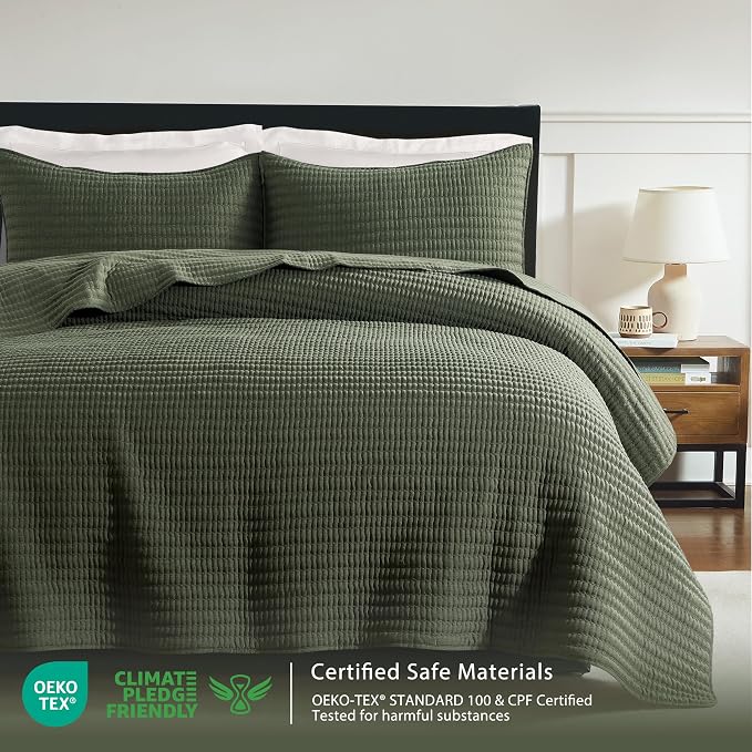 WDCOZY Olive Green Twin Size Pick Stitch Quilt Set, 2 Pieces 68x90 inches | - Image 2
