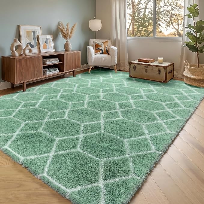 Rugs for Living Room Bedroom, 5x8 Fluffy Sage Green and White Area Rug by ONASAR