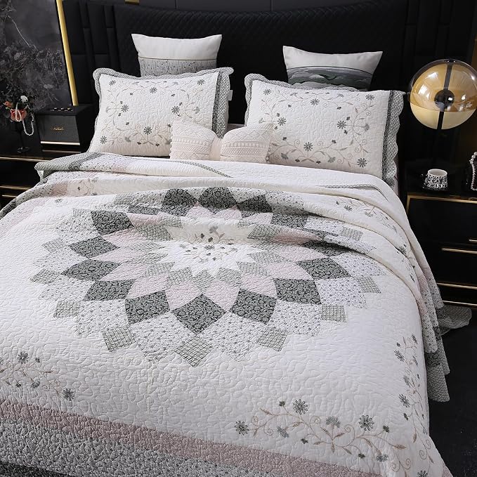 ROOMLIFE Quilt Set King Size 3D Floral Embroidery Pattern 3-Piece Cotton | - Image 2