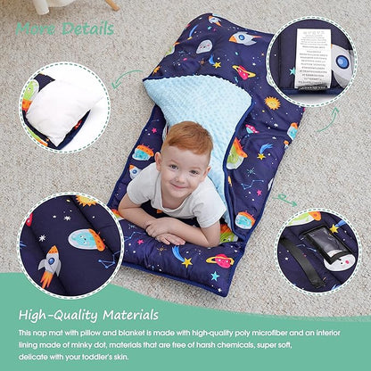 ACRABROS Toddler Nap Mat with Pillow and Blanket, Extra Large Rolled Napping Mats,Slumber Bags for Boys Girls,Kids Sleeping Bag for Daycare, Preschool Travel Camping,Space
