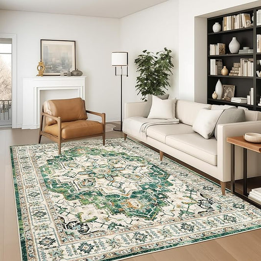 zesthome WashableRug 5x7 Area Rugs,Stain Resistant Rugs for Living Room,Bedroom,Non-Slip Backing Home Decor Rug, Vintage Medallion Pattern Rugs (Green,5'x7')
