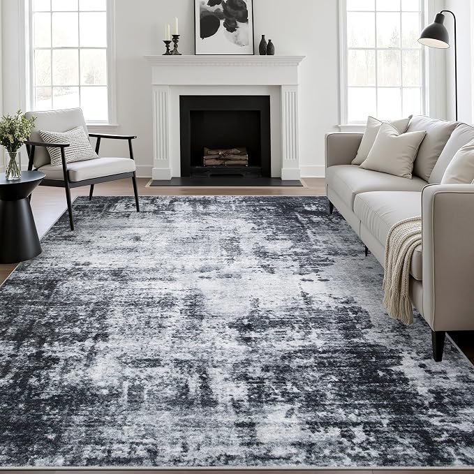 10x14 Area Rug Living Room: Modern Washable Soft Carpet Dark Black | by FXRHLP