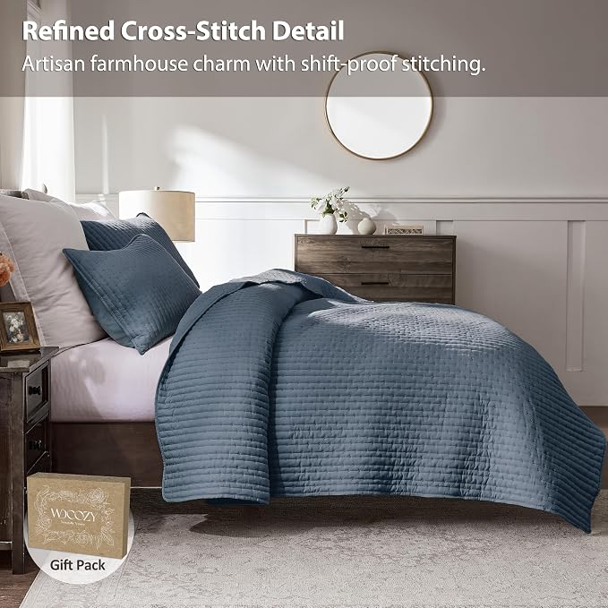 WDCOZY Blue Cross Stitch California Cal King Size Quilt Set, Oversized Striped - Image 3
