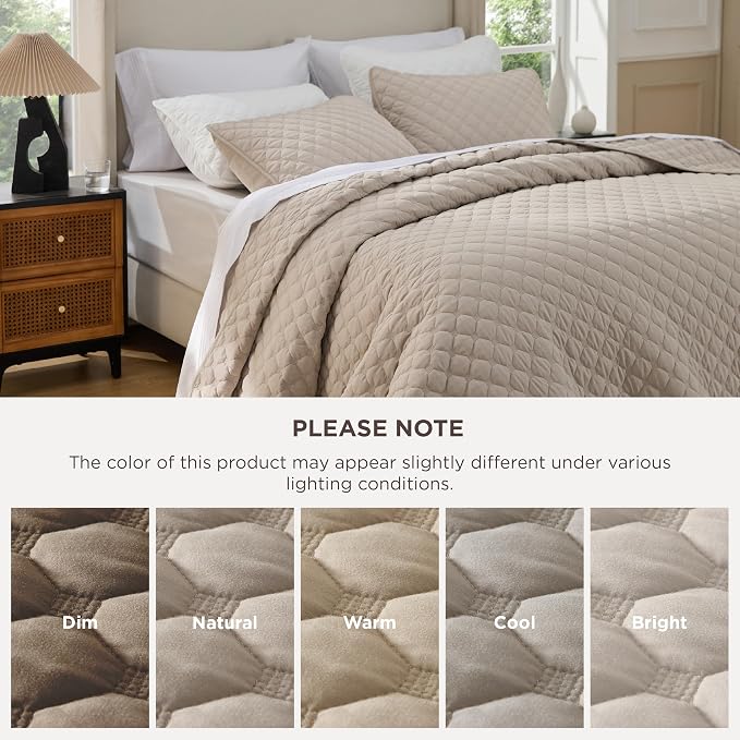 Bedsure Quilts Queen Size, Classic Honeycomb Quilting Comforter Set Taupe | - Image 9