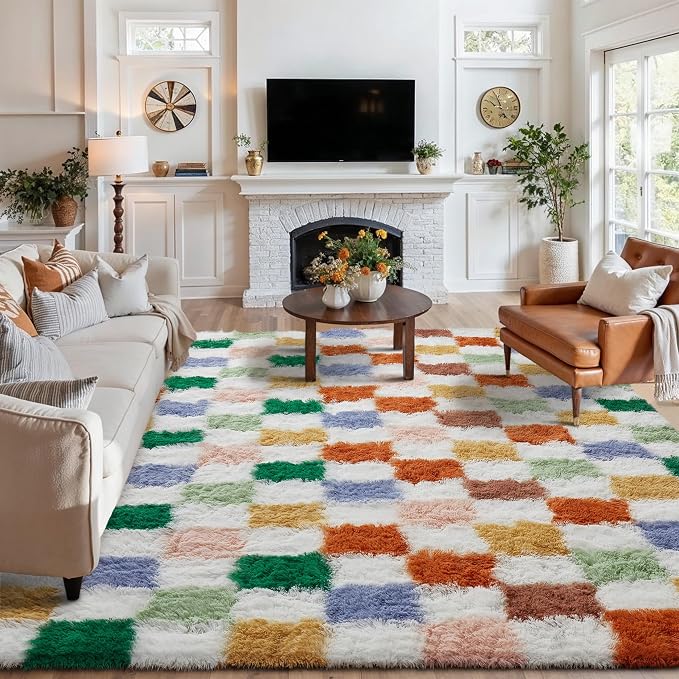 Colorful Area Rug 7x10 for Living Room Soft Checkered Shag Carpet | Machine by PureCozy
