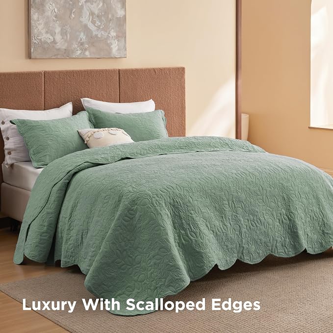 Bedsure King Size Quilt Bedspread, Thin Comforter, Sage Green Leaf Coverlet | - Image 2