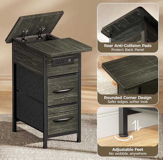 Huuger Narrow End Table with Charging Station, Side Table with 2 Drawers | Slim - Image 9
