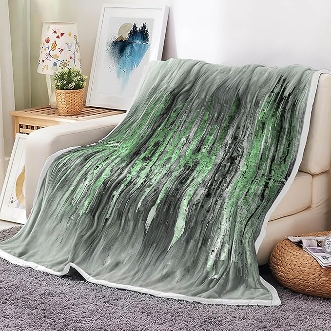 Abstract Throw Blankets, Modern Green Gold CrackNon Cozy Warm Bed Couch Blanket, Stripe Contemporary Abstract Painting White Fleece Flannel Throws to Decorate The Room and Bedroom