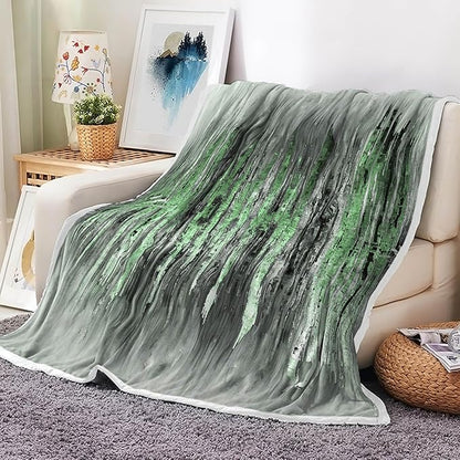 Abstract Throw Blankets, Modern Green Gold CrackNon Cozy Warm Bed Couch Blanket, Stripe Contemporary Abstract Painting White Fleece Flannel Throws to Decorate The Room and Bedroom