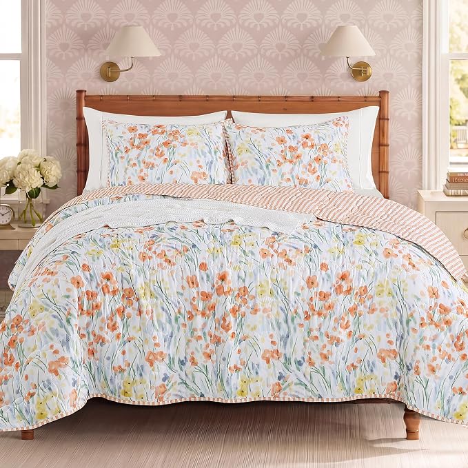 Queen Quilt Set-3 Pieces Soft Bedding Floral Reversible Coverlet | All Seasons by BLOOMHAVEN